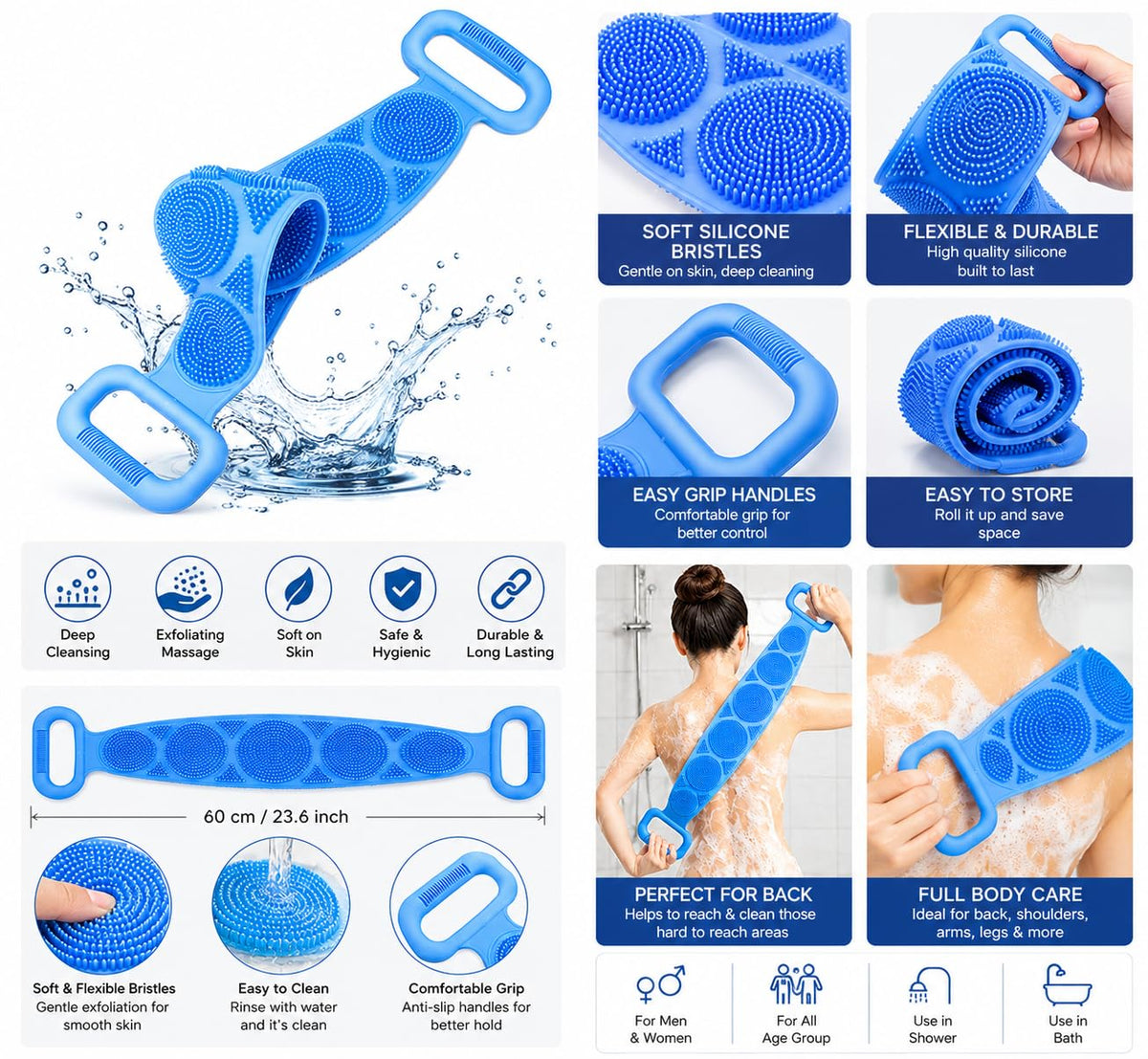 1PCS Silicone Bath Brush, Double-Sided Exfoliating Back Scrubber with Mesh Sponge