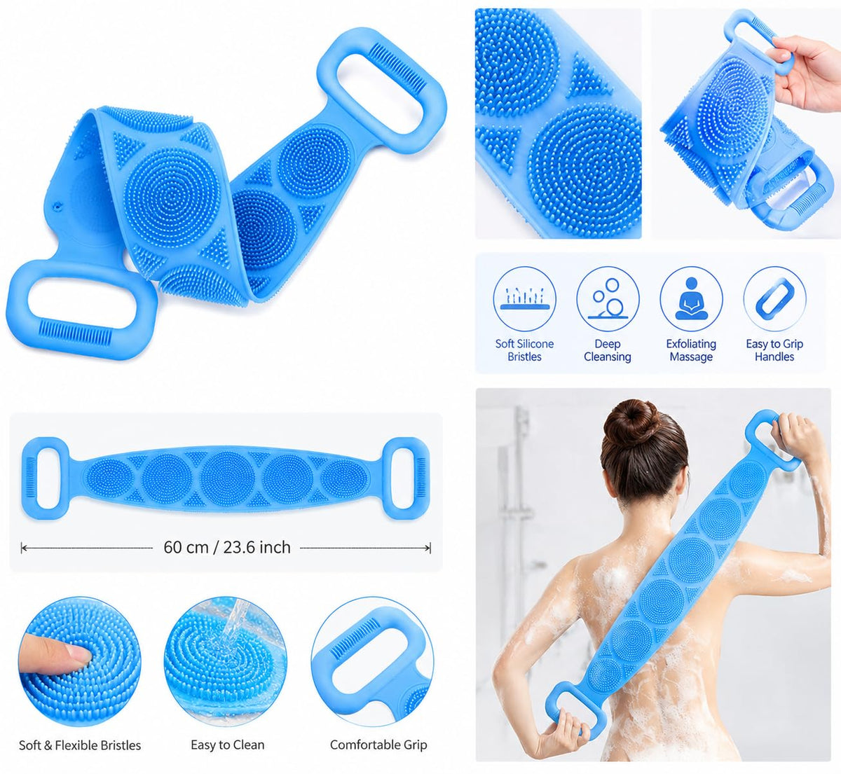 1PCS Silicone Bath Brush, Double-Sided Exfoliating Back Scrubber with Mesh Sponge